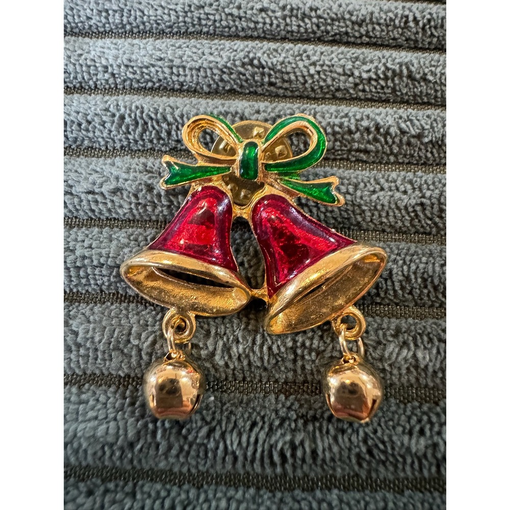 Vintage Christmas Bells‎ Brooch Enamel Gold Tone Holiday Pin Women's